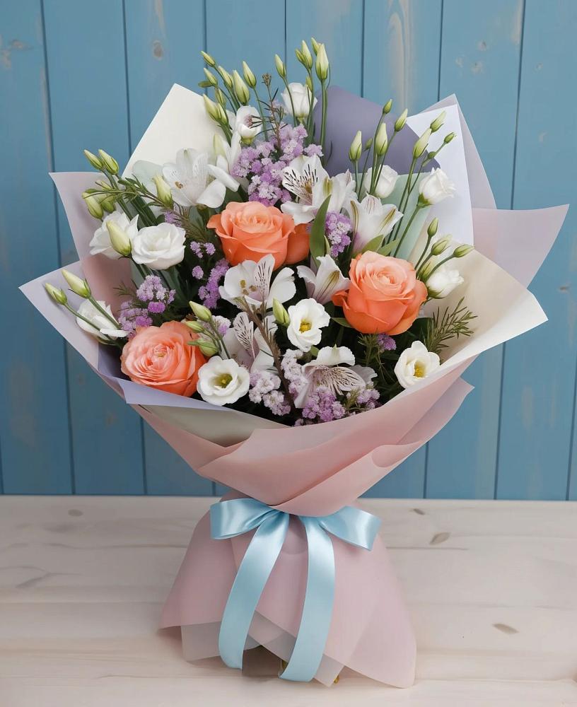 Букет цветов из: Лизиантусы, Розы, Альстромерии и Гипсофила в Кириллове