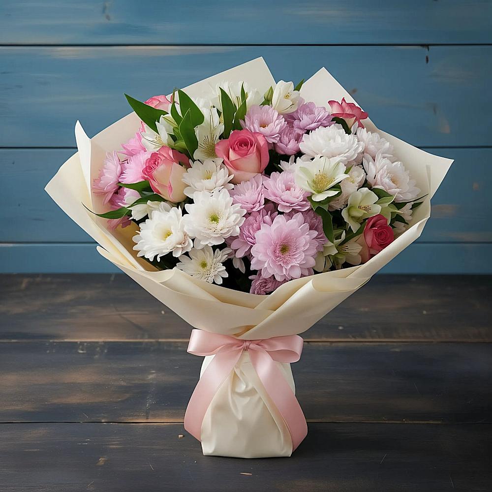 Букет цветов из: Хризантемы, Альстромерии и Розы в Кириллове